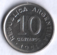 Монета 10 сентаво. 1951 год, Аргентина.
