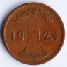 Монета 2 рейхспфеннига. 1924 год (E), Веймарская республика.