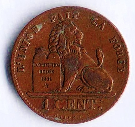 Монета 1 сантим. 1870 год, Бельгия (Des Belges).