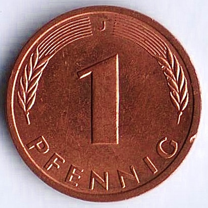 Монета 1 пфенниг. 1985(J) год, ФРГ.
