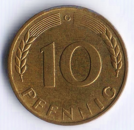 Монета 10 пфеннигов. 1969(G) год, ФРГ.