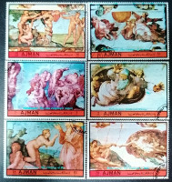 Набор почтовых марок  (6 шт.). "Самые известные художники мира - Микеланджело (2016)". 1972 год, Аджман.