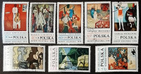 Набор почтовых марок (8 шт.). "День печати 1970 - Польские современные картины". 1970 год, Польша.