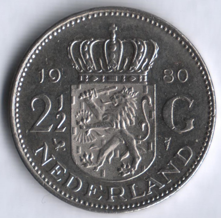Монета 2-1/2 гульдена. 1980 год, Нидерланды.