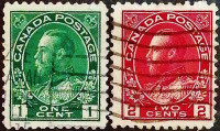 Набор почтовых марок (2 шт.). "Король Георг V, "Адмиральский мундир"". 1911 год, Канада.