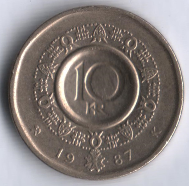 Монета 10 крон. 1987 год, Норвегия.