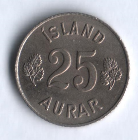 Монета 25 эйре. 1966 год, Исландия.