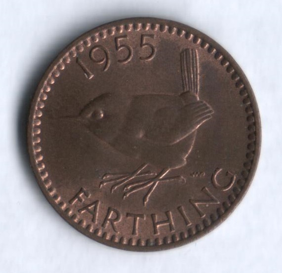 Монета 1 фартинг. 1955 год, Великобритания.