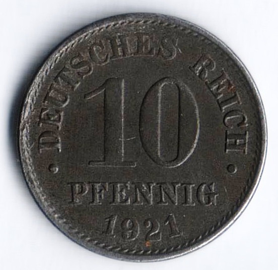 Монета 10 пфеннигов. 1921 год (A), Германская империя.