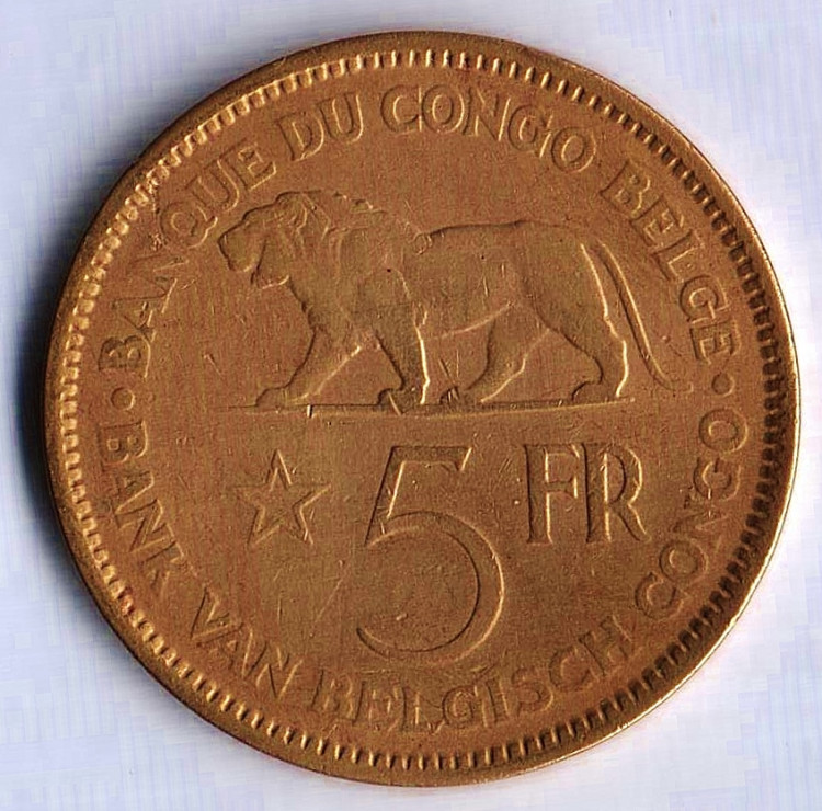 Монета 5 франков. 1936 год, Бельгийское Конго.