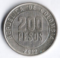 Монета 200 песо. 2012 год, Колумбия.