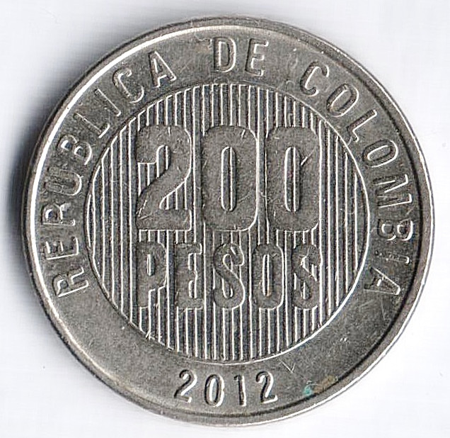 Монета 200 песо. 2012 год, Колумбия.