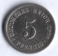 Монета 5 пфеннигов. 1908 год (F), Германская империя.