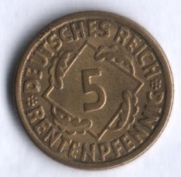 Монета 5 рентенпфеннигов. 1924 год (F), Веймарская республика.