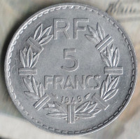 Монета 5 франков. 1949 год, Франция. "9" - закрытая.