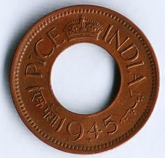 Монета 1 пайс. 1945(b) год, Британская Индия. Плоская корона ("большая точка").