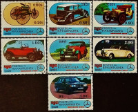 Набор почтовых марок (7 шт.). "100 лет Mercedes Benz". 1986 год, Камбоджа.