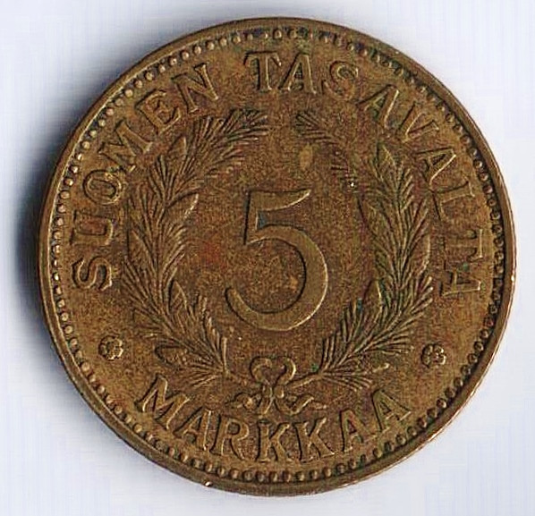 Монета 5 марок. 1949(H) год, Финляндия. "H" широкая, иголки без уступа.