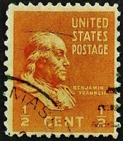 Почтовая марка (⅟₂ c.). "Бенджамин Франклин". 1938 год, США.