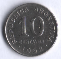 Монета 10 сентаво. 1952 год, Аргентина.