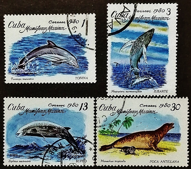 Набор почтовых марок (4 шт.). "Морские млекопитающие". 1980 год, Куба.