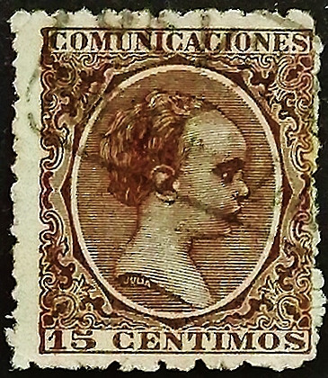 Почтовая марка (15 c.). "Король Альфонсо XIII". 1889 год, Испания.