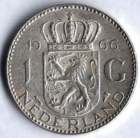 Монета 1 гульден. 1966 год, Нидерланды.