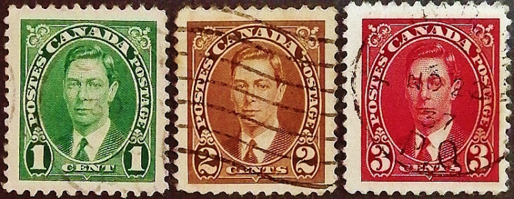 Набор почтовых марок (3 шт.). "Король Георг VI, "Стандартный выпуск"". 1937 год, Канада.