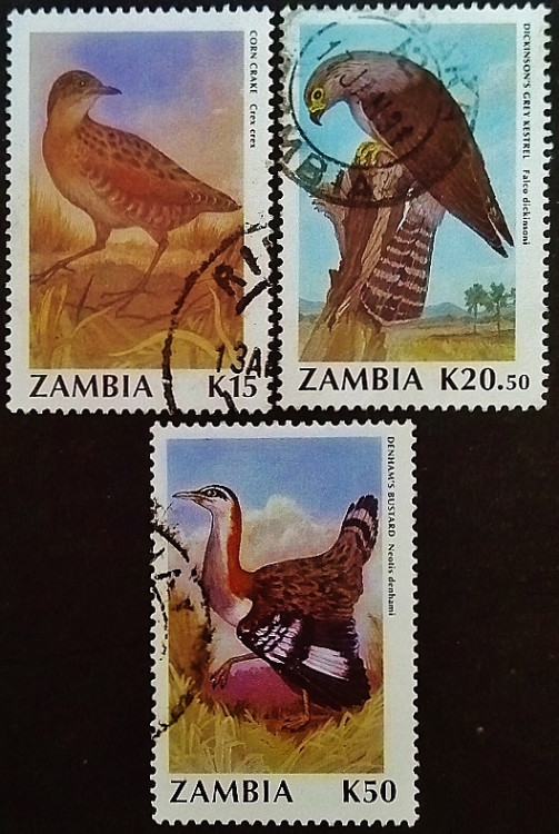 Набор почтовых марок (3 шт.). "Стандарт - Птицы (II)". 1990 год, Замбия.
