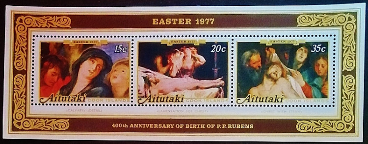 Блок марок (3 шт.). "Пасха 1977 года — 400 лет со дня рождения Рубенса". 1977 год, Остров Аитутаки.