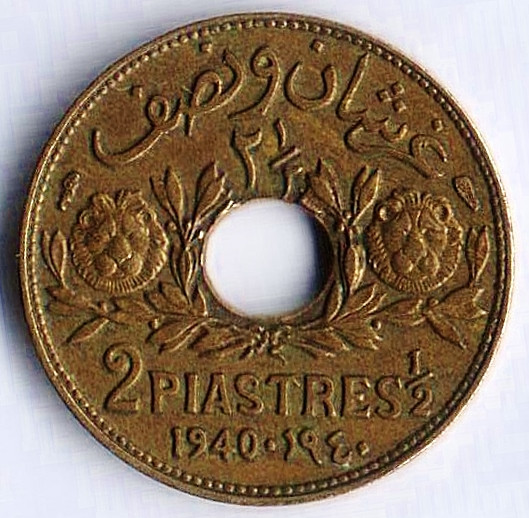 Монета 2-1/2 пиастра. 1940 год, Ливан.