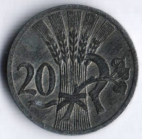 Монета 20 геллеров. 1941 год, Богемия и Моравия.
