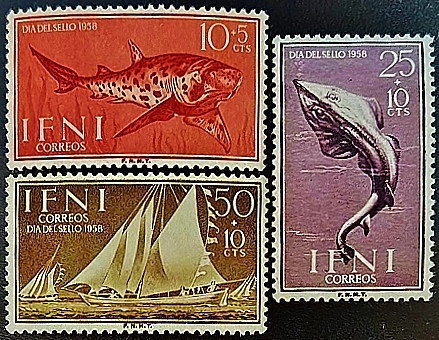Набор марок (3 шт.). "День почтовой марки". 1958 год, Ифни. Набор марок (3 шт.). "День почтовой марки". 1958 год, Ифни.