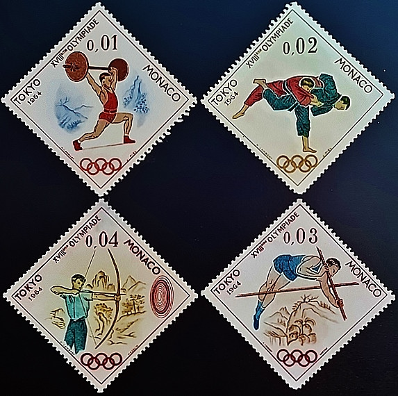 Набор марок (4 шт.). "Летние Олимпийские игры, Токио`1964". 1964 год, Монако. Набор марок (4 шт.). "Летние Олимпийские игры, Токио`1964". 1964 год, Монако.