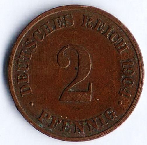 Монета 2 пфеннига. 1904 год (J), Германская империя.