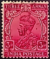 Почтовая марка (3 an.). "Король Георг V". 1932 год, Британская Индия.