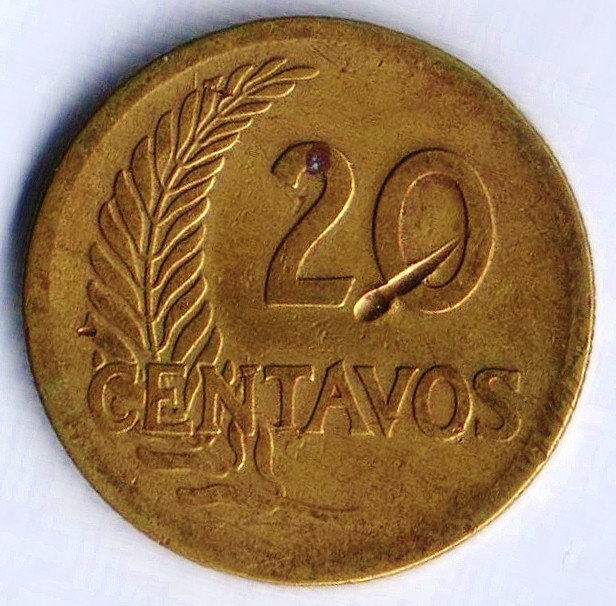 Монета 20 сентаво. 1944 год, Перу.