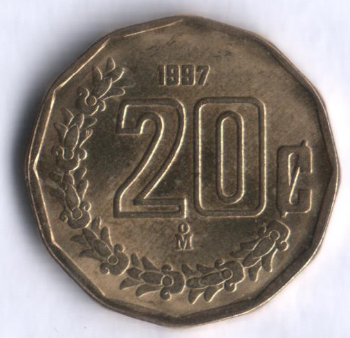 Монета 20 сентаво. 1997 год, Мексика.