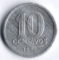 Монета 10 сентаво. 1957 год, Бразилия.