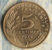 Монета 5 сантимов. 1972 год, Франция.