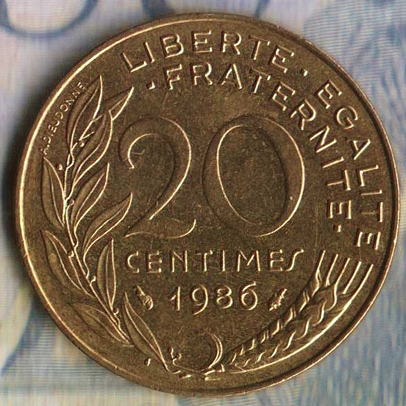 Монета 20 сантимов. 1986 год, Франция.