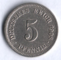 Монета 5 пфеннигов. 1908 год (G), Германская империя.
