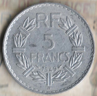 Монета 5 франков. 1949(B) год, Франция.