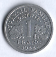 Монета 1 франк. 1944(B) год, Франция.