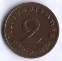 Монета 2 рейхспфеннига. 1937 год (D), Третий Рейх.