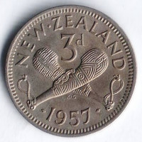 Монета 3 пенса. 1957 год, Новая Зеландия.