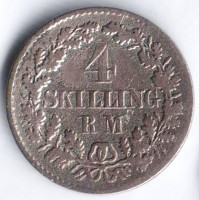 Монета 4 скиллинга-ригсмёнт. 1854(FF) год, Дания.