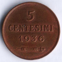 Монета 5 чентезимо. 1936 год, Сан-Марино.
