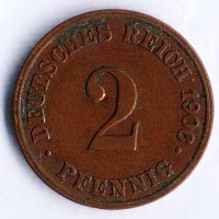 Монета 2 пфеннига. 1906 год (J), Германская империя.