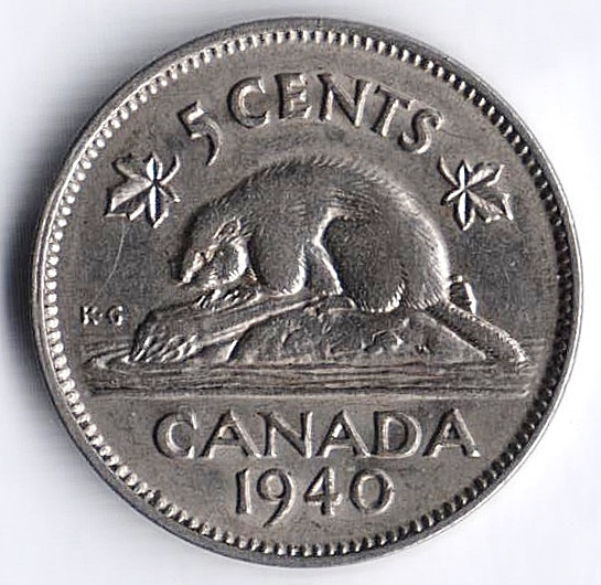 Монета 5 центов. 1940 год, Канада.